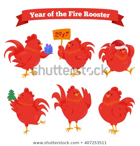 Set of cartoon chinese zodiac fire rooster isolated on white background. Vector illustration for happy new year 2017 greeting card. Flat red cock bird icons. Fun rooster stick decoration concept