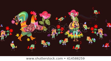 Seamless border with fairy cock and hen. Vector illustration. Year of the rooster. Textile, paper, wallpaper, web design.