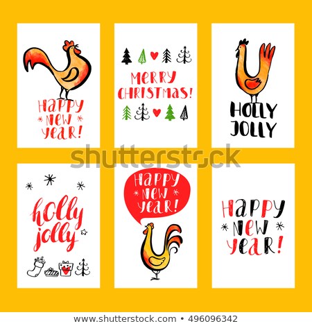 Christmas and new year vector card and gift tags. Modern calligraphy. Hand drawn inscriptions and elements. Ink and watercolor. Handwritten brush lettering with rough edges. 2017. Fiery rooster.