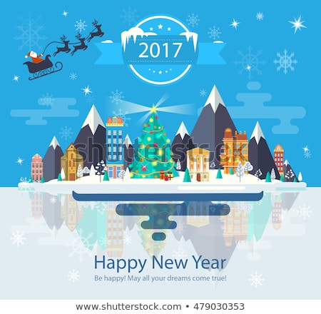 Illustration of a Happy New Year and Merry Christmas. For the website, calendar, ads, banners. Winter landscape. Nature, buildings, city. Santa Claus on a sleigh food. 2017 Image. Illustration. Vector