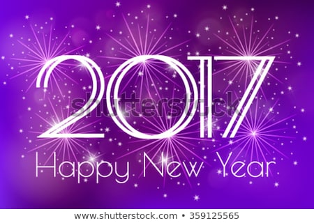 Happy New Year 2017 Card with blue fireworks glowing fire on blurred blue purple background. Poster, greeting card, banner or invitation. Vector illustration EPS 10