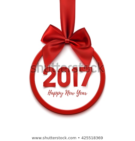 Happy New Year 2017 round banner with red ribbon and bow, on white background. Christmas tree decoration. Greeting card template. Vector illustration.
